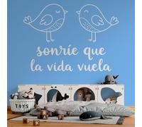 Vinilo para Pared con Frase "Sonríe que la Vida Vuela", Pegatina Decorativa con Pájaros para Dormitorio Infantil, Guardería o Sala de Juegos (Blanco, 28 x 20 cm)