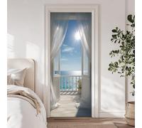 Vinilo para Puerta 3D Vista al Mar, Pegatina Mural Paisaje de Grecia, Autoadhesiva e Impermeable, Decoración Extraíble para Salón y Dormitorio, 2 Piezas (Total 86x200 cm) m.1759