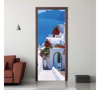 Vinilo para Puertas 3D Adhesivo Fotográfico Pegatina Mar Mediterráneo Casa Puerta Pegatina Pared Murales Pegatinas Decorativas para Puertas del Dormitorio Sala de Estar Póster 90X200cm -DS1635