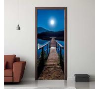 Vinilo para Puertas 3D Adhesivo Puente de Madera Cielo Nocturno Puerta Pegatina Pared Murales Pegatinas Decorativas para Puertas del Dormitorio Sala de Estar Póster Autoadhesivo 95X215cm -DS3051