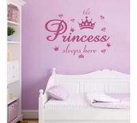 Vinilo Pegatinas de Pared Cita La Princesa Durmiendo Aquí Rosa Corona Diamante Adhesivo de Pared Desmontable DIY Arte Palabras Papel Pintado Decoración para Niñas Habitación Habitación Infantil Hogar