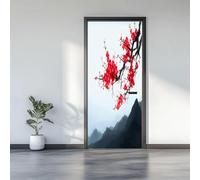 Vinilo Puerta Flores de Cerezo Vinilos para Puertas Montañas Pegatina Puerta 3D Papel Pintado Puertas Autoadhesivo Mural Para Cocina de Baño Decorativos 90x200 cm A-4814