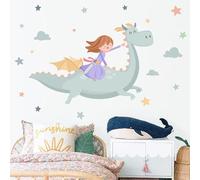 Vinilos infantiles Princesa y dragón Azul- Decoración infantil para niñas StarStick - T2 - Mediano