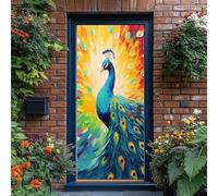 Vinilos Para Puertas 80 x 210 cm Pintura Al Óleo Animales Plumas Pavo Real Pegatina Paredes Autoadhesivo, Azul Naranja Adhesivo De Pared Arte Decoración Del Hogar Para Sala De Estar Póster