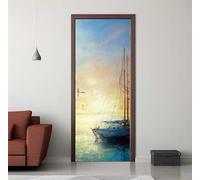 Vinilos Puertas Puesta de Sol Vista Al Mar 3D Autoadhesivo Impermeable Pegatinas Decorativas de Puerta 95X215cm, Pegatina de Puertas Murales Etiqueta de Puerta para Cocina Sala de Baño -DS2742