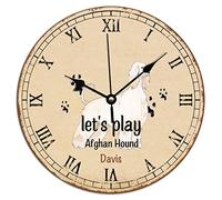 Vinisong Let's Play Afghan Hound Reloj de perro afgano, regalo para mamá, relojes de pared personalizados con nombre de perro, decoración del hogar, relojes redondos que funcionan con pilas, para el