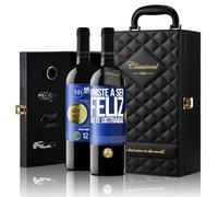 «Viniste a ser feliz No te distraigas» Mensaje en una Botella. Estuche-Maletín de LUJO 2x Vino Tinto Premium Reserva 12 Meses y Set de 4 Accesorios. Etiqueta Azul PERSONALIZABLE