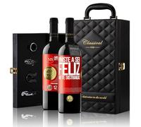 «Viniste a ser feliz No te distraigas» Mensaje en una Botella. Estuche-Maletín de LUJO 2x Vino Tinto Premium Reserva 12 Meses y Set de 4 Accesorios. Etiqueta Roja PERSONALIZABLE