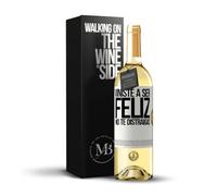 «Viniste a ser feliz No te distraigas» Mensaje en una Botella. Vino Blanco Premium Verdejo Joven + Gift Box. Etiqueta Blanca PERSONALIZABLE