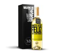«Viniste a ser feliz No te distraigas» Mensaje en una Botella. Vino Blanco Premium Verdejo Joven + Gift Box. Etiqueta Amarilla PERSONALIZABLE