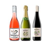 vino sin alcohol 0,0 Disfrutando 0,0 Rosado, Natureo Sparking 0,0 y Natureo Tinto pack de 3 botellas 75cl