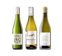 vino sin alcohol 0,0 Natureo Blanco Muscat, Disfrutando 0,0 Blanco y Zero Zero Le Naturel pack de 3 botellas 75cl