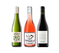 vino sin alcohol 0,0 Natureo Blanco Muscat, Disfrutando 0,0 Rosado y Le Naturel Zero Zero Tinto pack de 3 botellas 75cl
