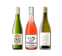 vino sin alcohol 0,0 Natureo Blanco Muscat, Disfrutando 0,0 Rosado y Zero Zero Le Naturel Blanco pack de 3 botellas 75cl