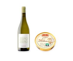 vino sin alcohol Zero Zero Le Naturel Blanco con Mejillones en Escabeche Los Peperetes - 1 lata y 1 botella de 75 cl