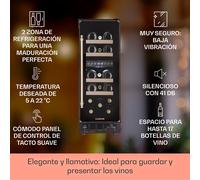 Klarstein Vinoteca 17 Botellas, Nevera Vinos de Dos Zonas Refrigeración, Nevera Expositora Vino, Prosecco, Cerveza, Vinoteca Interior/Exterior, Puerta de Cristal, Nevera Vino Control Táctil para 52 l.
