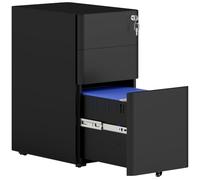 Vinsetto Archivador móvil 3 cajones, Cerradura, 30x45x59 cm, Negro | Archivador metal, 5 ruedas, para A4/Legal/Carta, carpetas colgantes, bajo escritorio, preensamblado