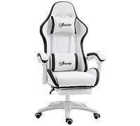 Vinsetto Silla Gaming Ergonómica Reclinable 135°, Silla Gamer Racing de Cuero PU con Soporte Lumbar, Altura Ajustable, Reposacabezas y Reposapiés Retráctil, para Oficina, Estudio, Blanco y Negro