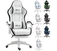 Vinsetto Silla Gaming Ergonómica, Silla Gamer de Cuero PU con Reclinable 135°, Soporte Lumbar, Altura Ajustable, Reposacabezas y Reposapiés Retráctil, para Oficina, Estudio, Blanco y Negro