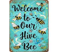 Vinstralivye Divertidos letreros de metal para el hogar, jardín, 12 x 16 pulgadas, bienvenido a nuestra abeja viva, letrero retro para decoración de pared, regalos para el hogar, cocina, al aire libre