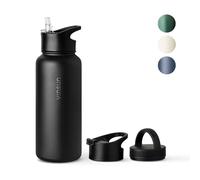 Vinsun Botella Agua Acero Inoxidable 1L - Botella Termica con Pajita (3 Tapas) - sin BPA, Doble Pared, Prueba de Fugas - Cantimplora Termica para Deporte, Oficina, Viaje