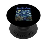 Vintage Amsterdam Canal Street Por La Noche Van Gogh Art Style PopSockets PopGrip Adhesivo
