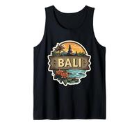 Vintage Bali Indonesia Escena Océano Templo Lotus Flores Palma Camiseta sin Mangas
