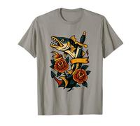 Vintage Barracuda Tattoo Style Art con Rosas y Ancla Camiseta