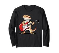 Vintage Bearded Dragon Punk Music Playing Guitar Manga Larga