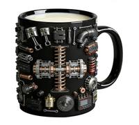 Vintage Black Ceramic Coffee Mugs - Mechanical Engine Design Cup, Printed Ceramic Coffee Mug with Anti-Slip Handle | Personalized Gift Cup for Home Office, Boys, Men, Boyfriend, Car Lovers, Tea Drinks