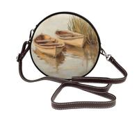 Vintage Boats In The River - Bolso cruzado redondo de piel para mujer