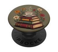 Vintage Books and Coffee Art Floral Reading Flower PopSockets PopGrip Adhesivo