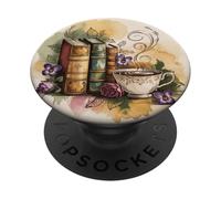 Vintage Books and Coffee Art Floral Reading Flower PopSockets PopGrip Adhesivo