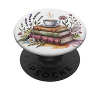 Vintage Books and Coffee Art Floral Reading Flower PopSockets PopGrip Adhesivo