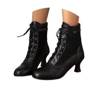 Vintage Botas Victorianas para Mujeres Cordones 70s Botines de Tacón Medio Tobillo Botas Witch Cónico Zapatos de Traje Botines Lolita Steampunk Gótico Patchwork Encaje, B1 Negro, 38 EU
