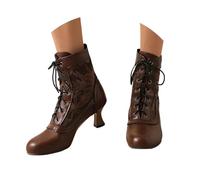 Vintage Botas Victorianas para Mujeres Cordones 70s Botines de Tacón Medio Tobillo Botas Witch Cónico Zapatos de Traje Botines Lolita Steampunk Gótico Patchwork Encaje, B1 Marrón, 42 EU