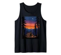 Vintage Bushcraft Refugio fogata Montaña Puesta de Sol Arte Camiseta sin Mangas