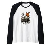 Vintage Cámara Monarca Mariposa Naturaleza Camiseta Manga Raglan