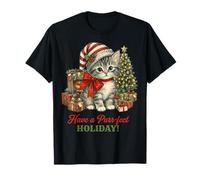 Vintage Cat Christmas Santa Hat Retro Kitten Art Cat Lover Camiseta