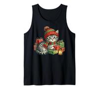 Vintage Cat Christmas Santa Hat Retro Kitten Art Cat Lover Camiseta sin Mangas