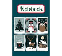 Vintage Christmas Postage Stamp Illustration Notebook Dark Blue Cover: Elegant Retro Stamps with Tree, Snowman, Reindeer, Cottage and Holiday Mug