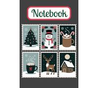 Vintage Christmas Postage Stamp Illustration Notebook Grey Cover: Retro Holiday Stamps with Tree, Snowman, Cocoa, Reindeer, Cottage and Stocking Design