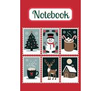 Vintage Christmas Postage Stamp Illustration Notebook Red Cover: Classic Holiday Stamps with Tree, Cocoa, Snowman, Cottage and Reindeer Design