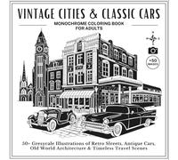 Vintage Cities & Classic Cars Monochrome Coloring Book for Adults: 50+ Greyscale Illustrations of Retro Streets, Antique Cars, Old-World Architecture & Timeless Travel Scenes