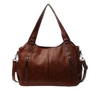 Vintage City Bag, Soft PU Leather Zip Tote Bags for Women, Large Shoulder Bags Multi Pockets, Fashion Hobo Purse Handbag Satchel, Crossbody for School Work Leisure (Brown)