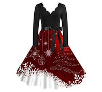 Vintage de Navidad para Mujeres Vestidos de Manga Larga de la Vendimia Estampado Navideño Retro Felpa Clásico Vestidos del A-Line de Fiesta Cóctel Rockabilly con Cordones