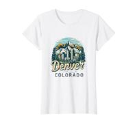 Vintage Denver Colorado Sunset Skyline Cityscape Retro Camiseta gráfica económica, Mujer, Blanco, S