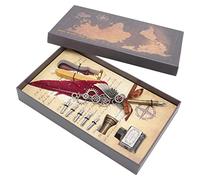 Vintage Dip Pen Set with Brass Base and 5 Replacement Nibs, Smooth Stainless Steel Nib for Gothic Italian Calligraphy, Elegant Gift Box Packaging