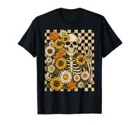 Vintage Esqueleto Girasoles Paz Otoño Halloween Estética Camiseta