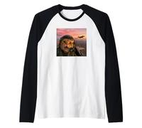 Vintage Fighter Pilot Cat Cool Look Aviación Selfie Art Camiseta Manga Raglan